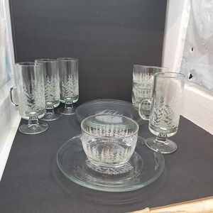 Libbey Frosty Pines Glass Bowls and plates  Place Set of 4 Irish coffee mug 12pc
